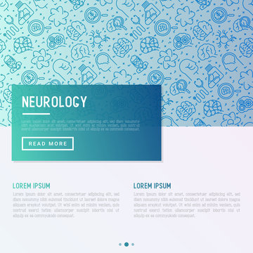 Neurology Concept With Thin Line Icons: Brain, Neuron, Neural Connections, Neurologist, Magnifier. Vector Illustration For Background Of Medical Survey Or Report With Place For Text.