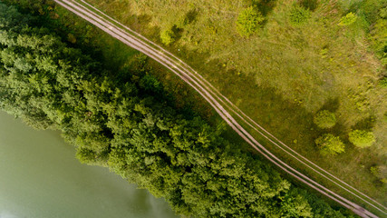 Top view of the field road is parallel to the river.