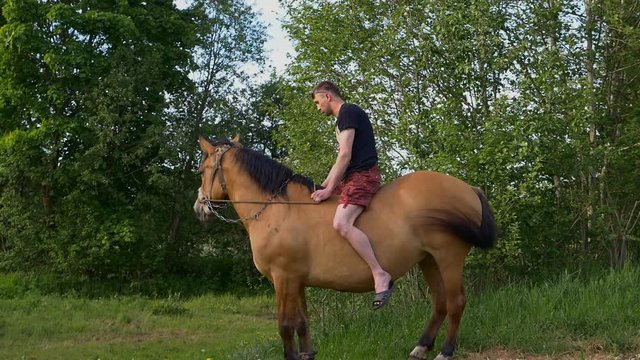 Young attractive man riding horse without saddle and caressing its mane on nature