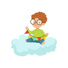 Cute little boy sitting on cloud playing with party flags, kids imagination and dreams vector illustration