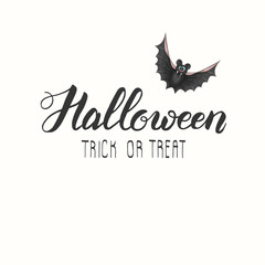 Halloween vector lettering. Holiday calligraphy with bat. Halloween lettering for banner, flyer, brochure, greeting card, party invitation. Isolated illustration.