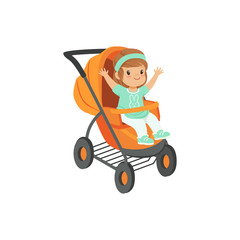 Adorable little girl sitting in an orange baby carriage, safety handle transportation of small kids vector illustration