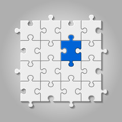 illustration of white puzzle made of little pieces with blue element