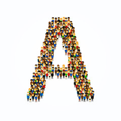 A group of people in the shape of English alphabet letter A on light background. Vector illustration.