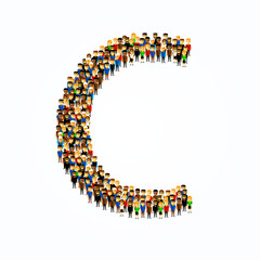 A group of people in the shape of English alphabet letter C on light background. Vector illustration.