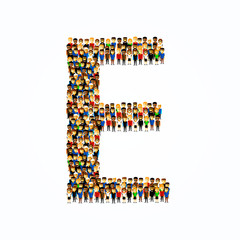 A group of people in the shape of English alphabet letter E on light background. Vector illustration.