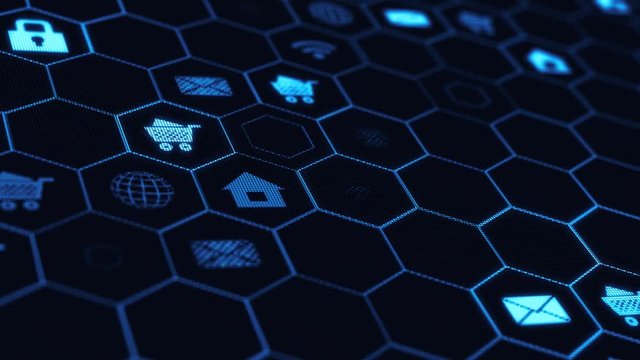 The camera flies through a internet icons in hexagon cells on dark background.
Interface web icons are located on the screen with small pixels. Digital Interface with Icons. 3d render. 