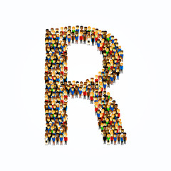 A group of people in the shape of English alphabet letter R on light background. Vector illustration.
