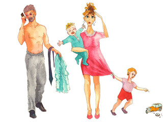Family life. Watercolor illustration.Mother father and two children. 
