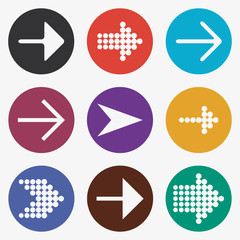 Arrow icon set. White guides, cursor, colorful buttons with pointer. Vector illustration.
