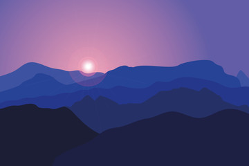 Fototapeta na wymiar Mountains at sunrise. Vector background with a landscape of blue hills and rocks.