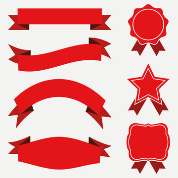 Banners and ribbons, labels set. Red stickers on white background. Vector illustration.