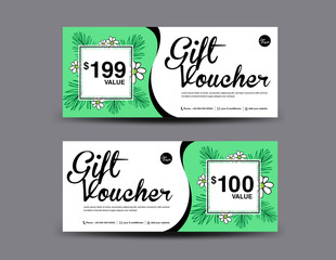 Gift Voucher template layout, business flyer design, jungle leaf background, coupon, ticket, Discount card, banner vector illustration