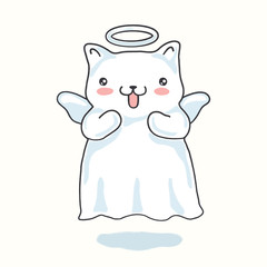Cartoon cat pictured as a little angel with wings and halo in japanese kawaii style. Isolated on beige background.