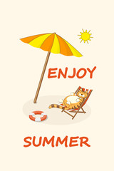 funny cartoon cat on the beach with sun