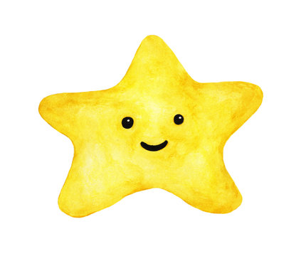 Hand painted watercolor of yellow star face isolated on white background. Smile cute funny emotion face.
