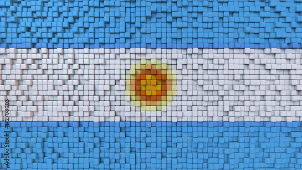 Poster stylized mosaic flag of argentina made of moving pixels, seamless loop motion background