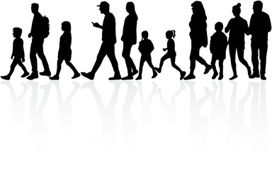 People walking, black silhouettes.