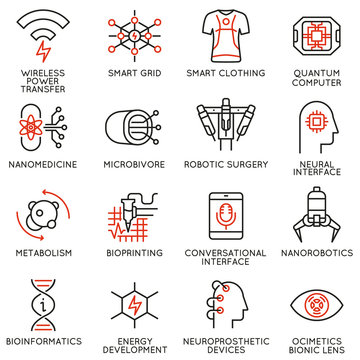 Vector set of 16 thin linear icons related to innovation in technology and medicine. New inventions to improve human life. Mono line pictograms and infographics design elements