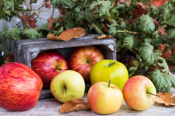 Naklejka na ściany i meble Apples in a box on the background of autumn leaves