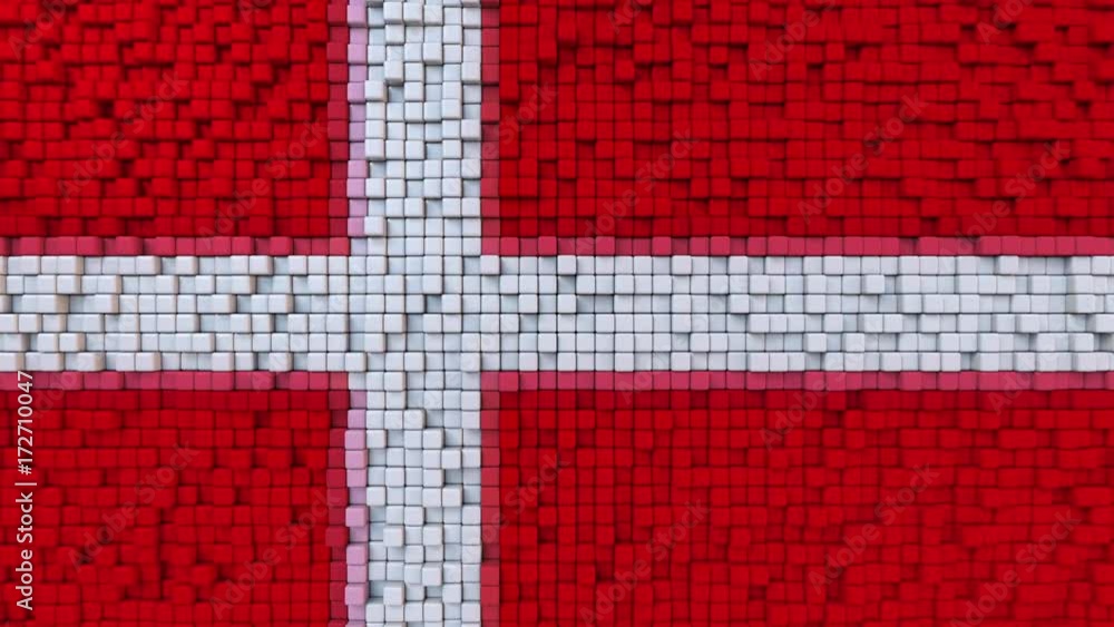 Poster stylized mosaic flag of denmark made of moving pixels, seamless loop motion background