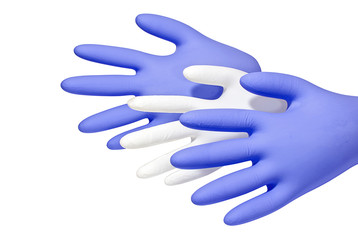 Medical concept: inflated blue and white rubber gloves