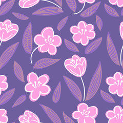 Cute seamless hand-drawn floral pattern with pink apple or cherry blossom flowers on violet background. Vector illustration