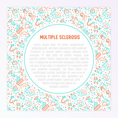 Multiple sclerosis concept with thin line icons of symptoms and treatments: discoordination, heredity, neuron myelin sheaths, vitamin D. Vector illustration for banner, web page, print media.
