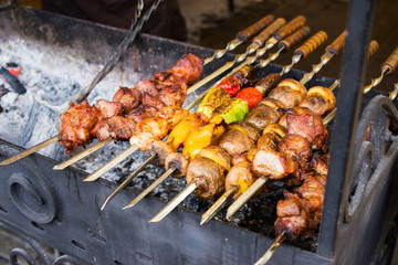 meat and vegetables on skewers