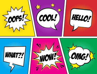 Retro comic speech bubbles set on colorful background. Expression text COOL, OOPS, WOW, OMG, WHAT, HELLO. Vector illustration of comic speech bubbles, vintage design, pop art style.