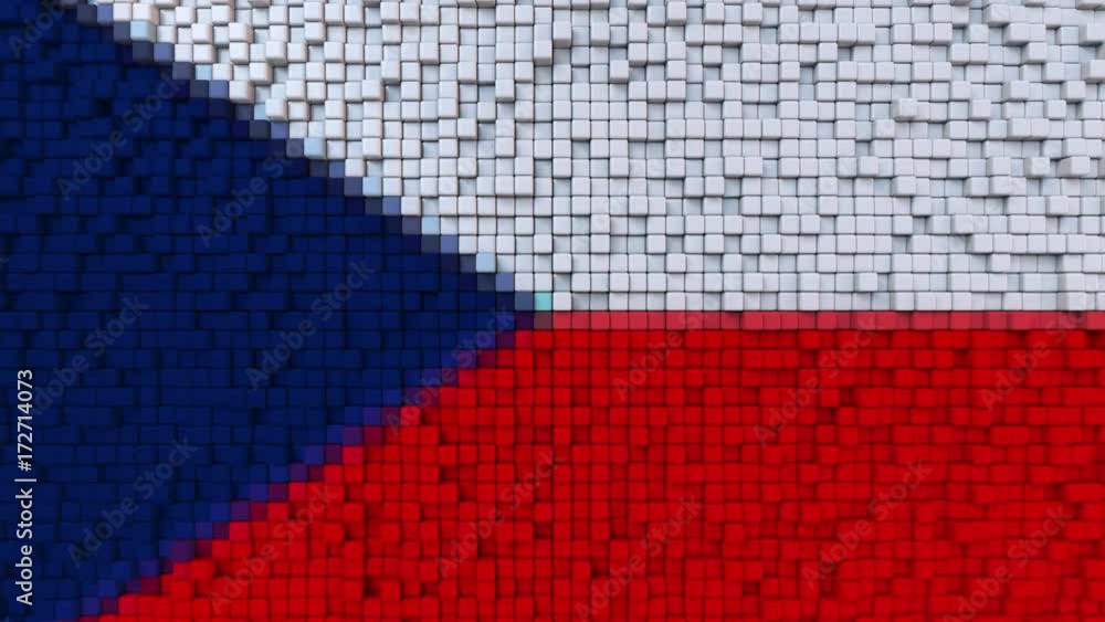 Poster stylized mosaic flag of the czech republic made of moving pixels, seamless loop motion background