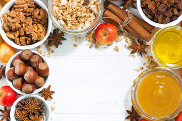 background and ingredients for baking apples, top view