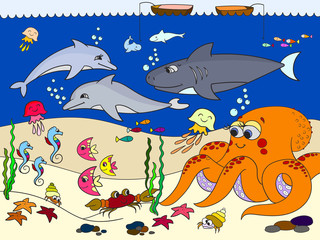 Seabed with marine animals. Vector for kids, cartoon.