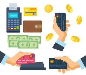 Banking, payment terminal, finance, monetary currencies, gold coins, bank card.