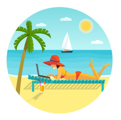 Beach scene. Happy girl lying on the sunbed with laptop. Vector flat illustration.