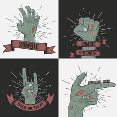 Zombie Hands logos. Vintage halloween emblems