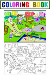 Childrens playground coloring. Vector illustration of black and white