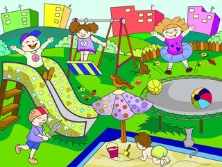 Childrens playground. Vector illustration of black and white
