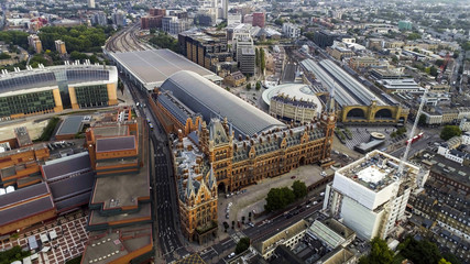 Aerial View of Iconic Architecture and Landmark Kings Cross and St Pancras Railway Stations in London, UK