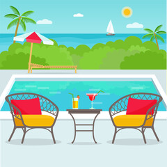 Hotel swimming pool bar, restaurant furniture chairs and table. Vector flat illustration.