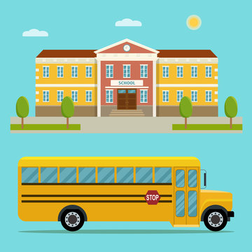 School building and bus isolated. Flat style vector illustration.