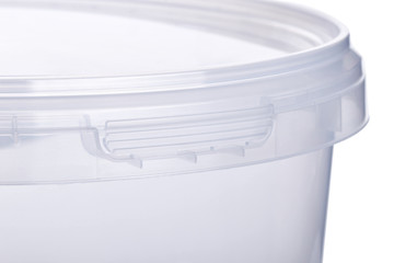 Transparent plastic bucket with transparent lid, plastic containers on white background, food...