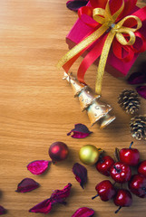 xmas decor gift and dry flower top view