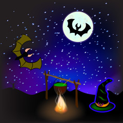 Fototapeta premium Halloween. Pot with a potion . Magic hat . Bat on moon background . Vector illustration .