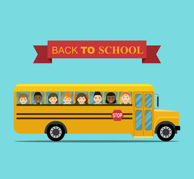 Kids ride to school. School bus with smiling Faces in windows. Vector flat illustration.
