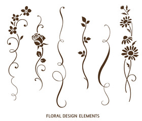 Set of vertical calligraphic elements and flower silhouette for frame design and page decor. Vector vintage ornaments