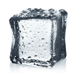 Transparent ice cube with reflection on white isolated background