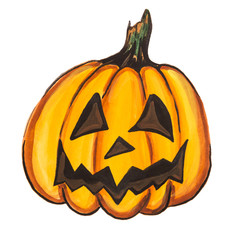 A square picture of a pumpkin painted on white paper. Isolated.