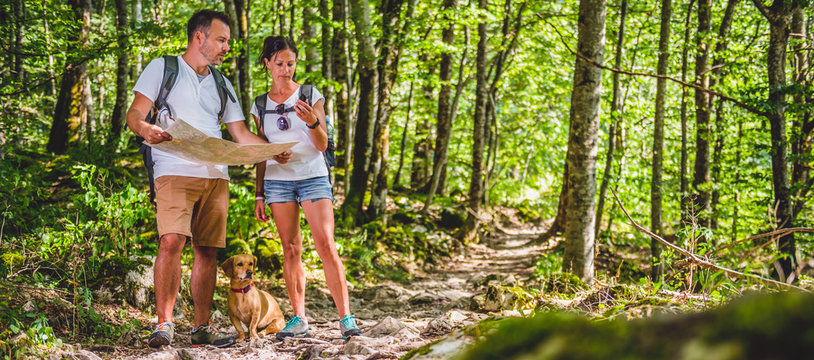 Hiking couple checking map