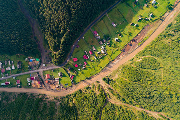 Aerial view of the village in the Carpathian mountains